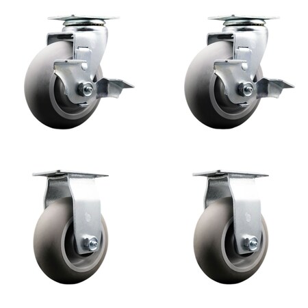 Service Caster 5 Inch Thermoplastic Rubber Caster Set with Roller Bearings 2 Brakes 2 Rigid SCC-20S520-TPRRD-TLB-2-R-2